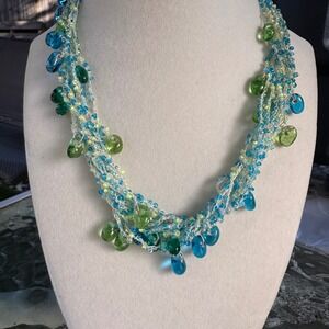 VTG Hand Beaded‎ Necklace Multi Strand Turquoise Green Dangle Statement Jewelry